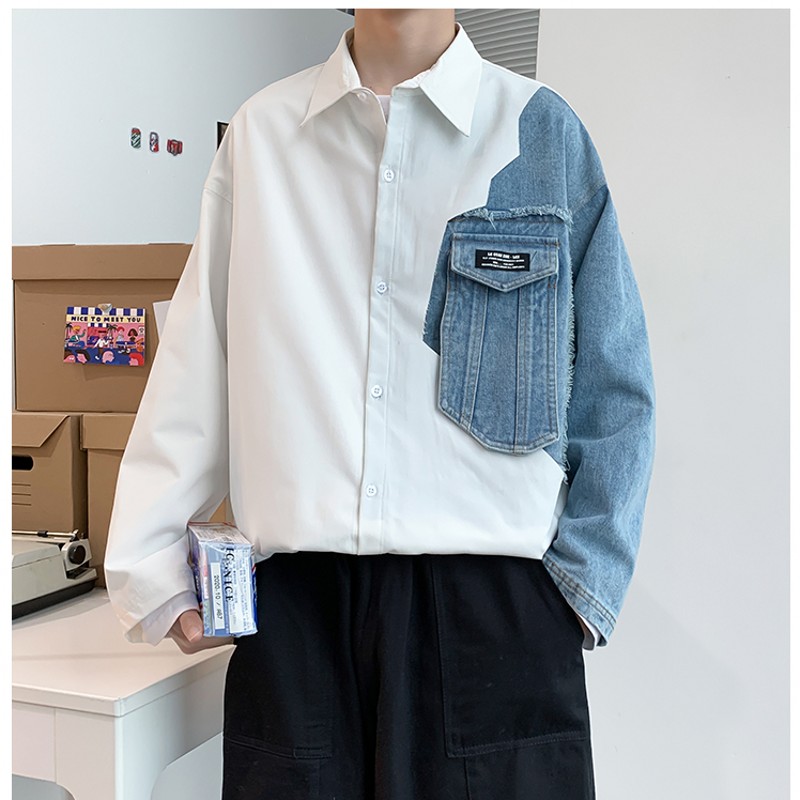 

2020 Autumn Men's Shirts Denim Spliced Oversize Fashion Shirts White Blue Patchwork Hip hop Streetwear Loose Jeans Men, As pic