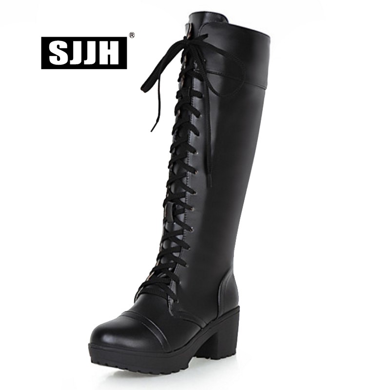 

SJJH Women Lace-up Knee-High Boots with Round Toe Chunky Plush Motorcycle Boots Punk Style Cool Girls Chic Shoes Large Size Q311, Black