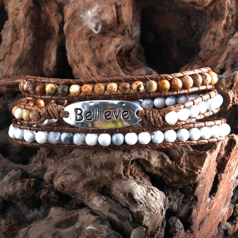 

MD Fashion Boho Bracelet Armbander Believe Metal Charm Natural Stones 3 Strands Woven Wrap Bracelets Dropshipping