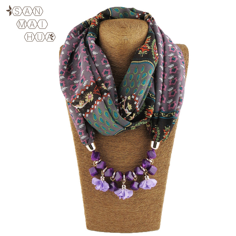 

2020 Bohemia Women Jewelry Flower Pendants Chiffon Scarf Shawl and Wraps Bandana Soft Necklace Female Foulard Muslim Head scarve