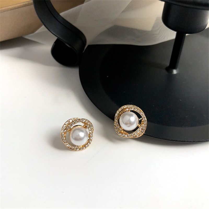 

2020 Double Imitation Pearl Earrings for Women Gold Stud Earing Crystal Cubic Zirconia Engagement Jewelry