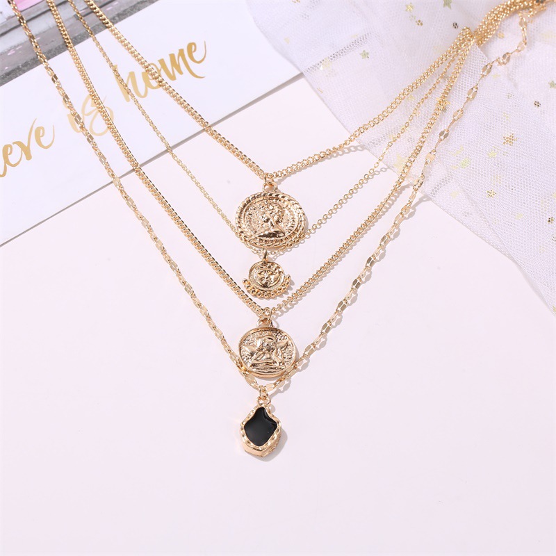 

HUAJI Retro Multilayer Fashion Necklace Jesus Pendant Metal Necklace Angel Pendant Fashion Coin Human Face Popular Jewelry