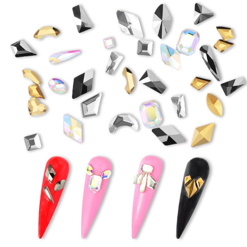 

TP 200pcs Nail Art Rhinestones Flat Crystal AB Shaped Teardrop Heart Rectangle Glass Stone Black Golden 3D Nails Decoration