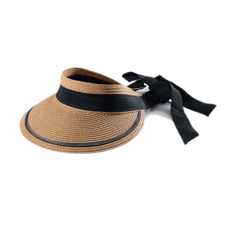 

Summer Women Ribbon Bow Straw Visor Sun Hat Lady Empty Top Hats Wide Brim Beach Sun UV Protection Cap, Khaki