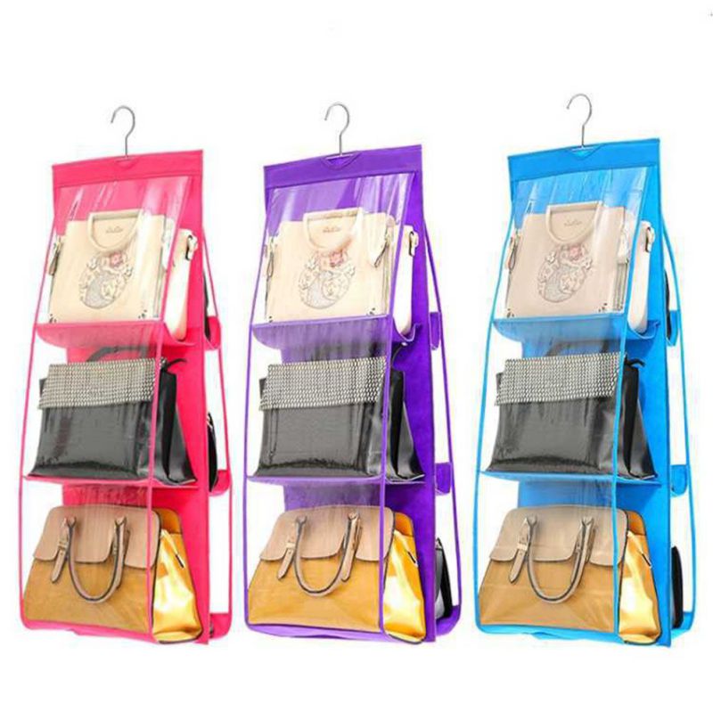 

6 Pocket Hanging Handbag Organizer for Wardrobe Closet Hanging Sorting Bag Storage Bag Door Wall Sundry with Hanger, Red