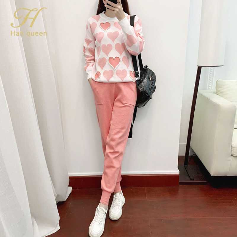 

H Han Queen Autumn 2 Piece Set Women Knit Outfits Love Heart Tops + Lace Up Waist Ankle Harem Pants Set 2020 New Suit pants, Blue