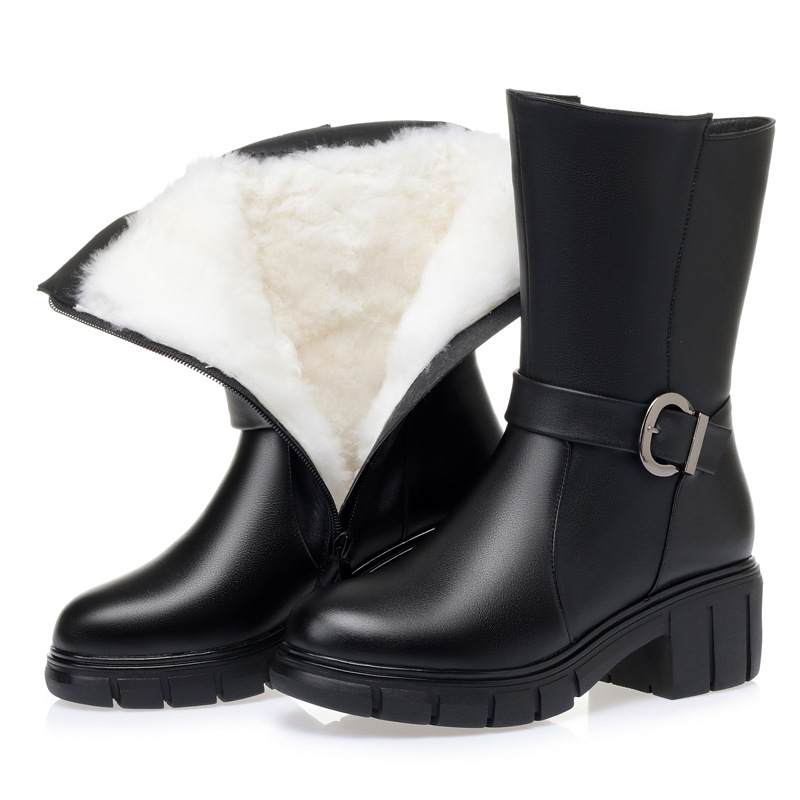 

New Classic Fashion Genuine Leather Plush / Wool Boots Warm Shoes Winter Boots Thick Heel Large Size Snow Women's, Black inisde plush