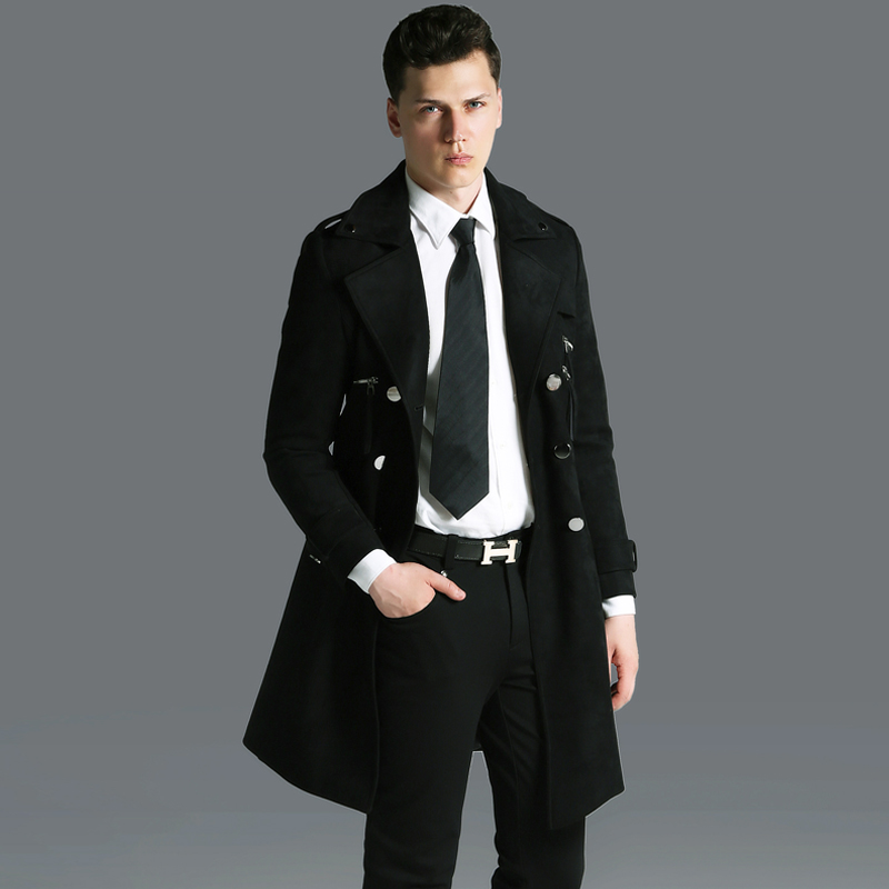 

Luxury Long Coat Suede Fabric Double Breasted Mens Jackets And Coats Plus Size 6xl Fashion Solid Coloar Man Trench, Black
