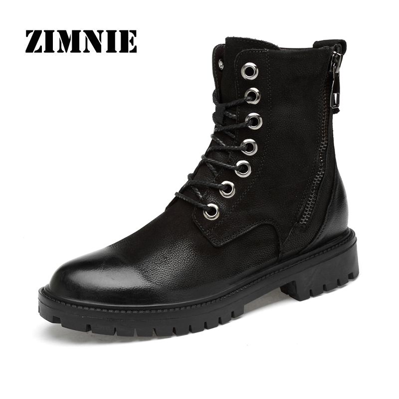 

ZIMNIE 2020 Autumn Winter Men Motorcycle Boots Genuine Leather Lace-Up Boots Black Khaki British Style Men Big Size 37-47, Khaki fur