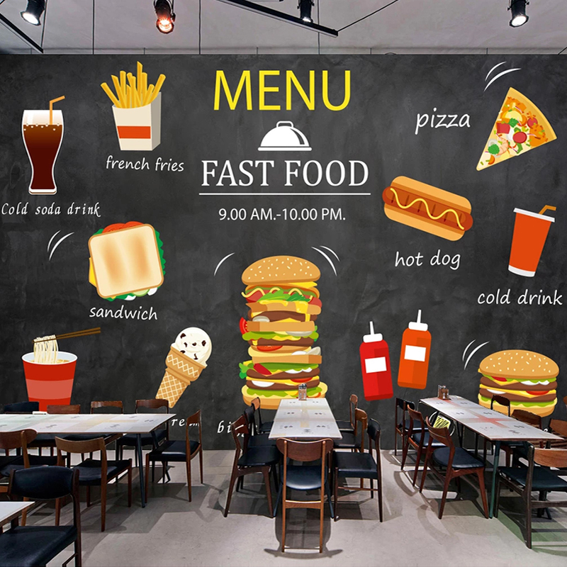 

Custom Mural Papel De Parede 3D Hamburger Pizza Hot Dog Cold Drink Fast Shop Restaurant Poster Decoration Photo Wallpaper, As pic