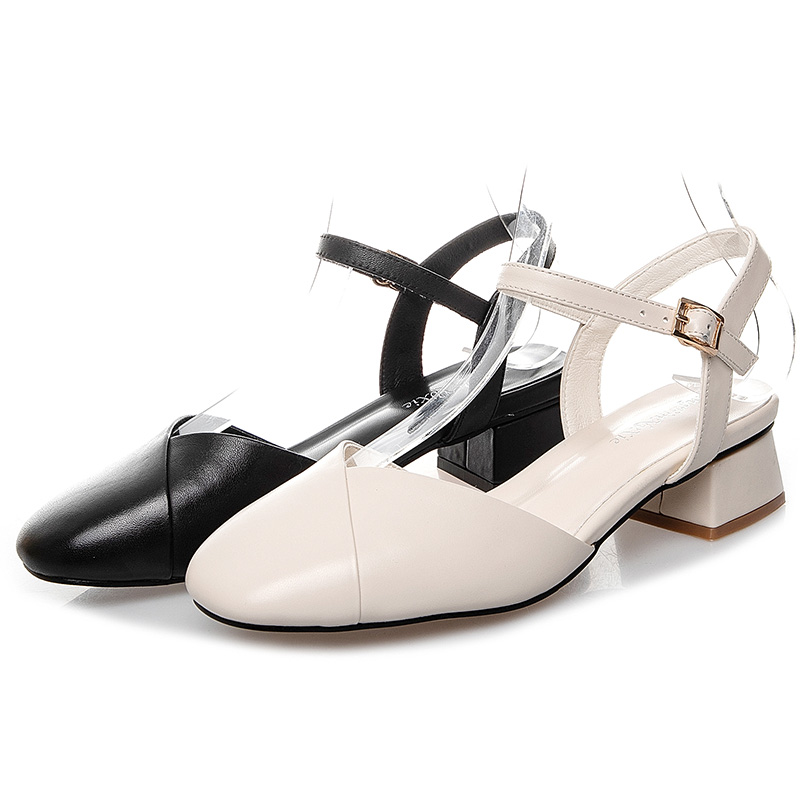 

Leather summer new British style low heel hollow fashion single shoes Baotou women's sandals, Black