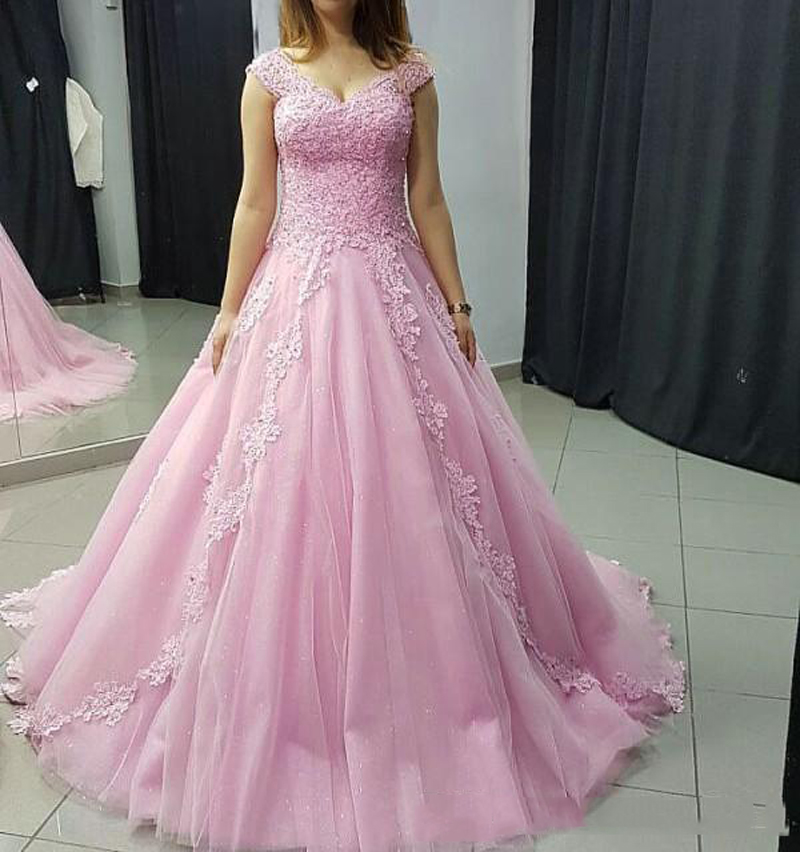 

Pink Off Shoulder Lace Prom Dresses 2021 with Beaded Applqiues Sweep Train Lace Up Formal Evening Party Gowns, White