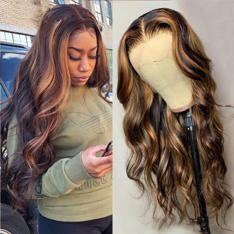 

Ombre Highlight Body Wave Wig Honey Blonde Ombre Highlight Lace Front Wigs 13*4 Lace Frontal Wig 180% Peruvian Remy, As pic