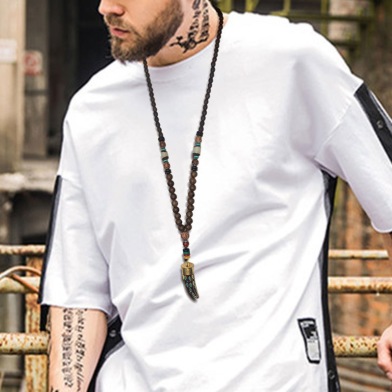 

Handmade Nepal Jewelry Buddhist Mala Wood Beads Pendant Necklace Ethnic Ox Horn Long Statement Necklace For Women Men