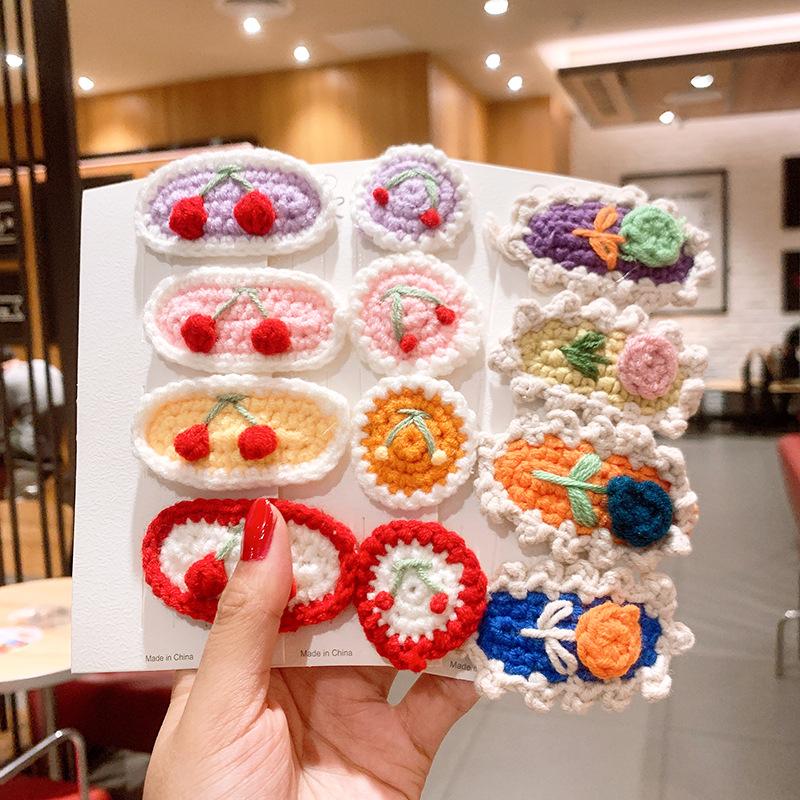 

2020 Children Girls Hairpins Fruit Cherry handmade Flower Knit Wool Hair Clips Sweet Bobby Pins Side Clips Barrettes Headwear Hair Jewelry