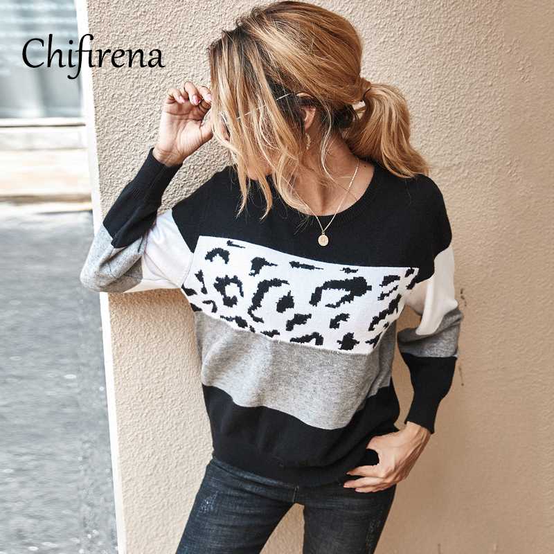 

Chifirena Pullovers Leopard Patchwork Autumn Women Sweater Winter Warm Jumper Loose o-neck Casual Sweaters Woman Black Yellow