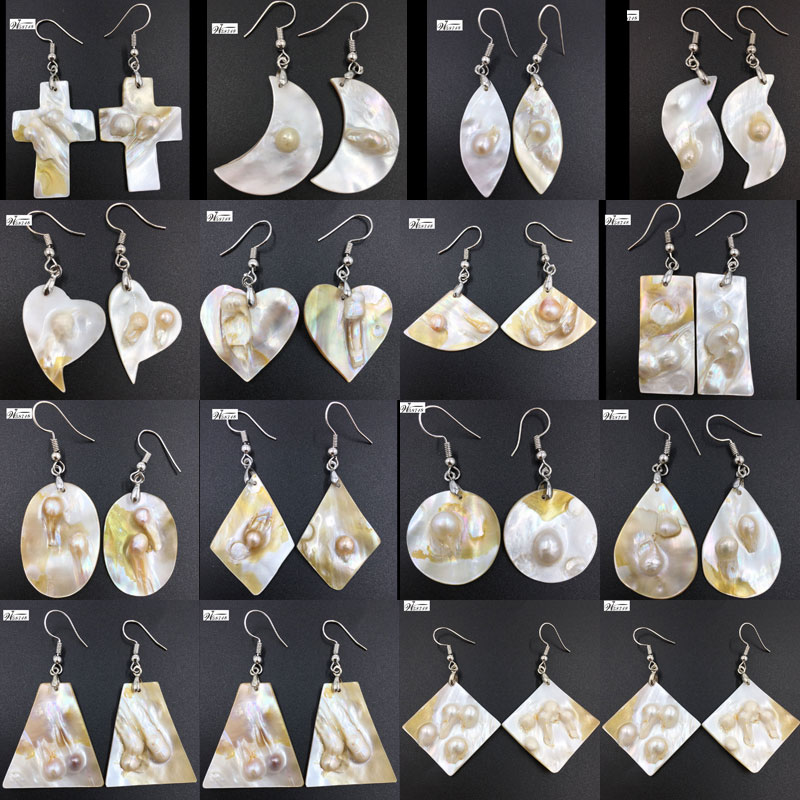 

Free shipping Fashion Jewelry Mother of pearl Shell Bead Oval Heart Round Sector Oblong Beads Dangle Earrings Pair WB694, Silver