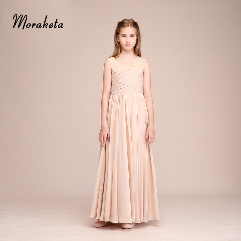 

V-neck Shoulder Straps Sleeveless A-line Little Girls Evening Dresses 2020 Pleated Long Champagne Flower Girl Dresses