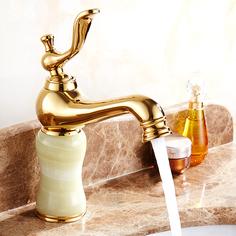 

Marble faucet basin hot and cold basin jade taps full copper Golden lavatory faucet marble stone gold