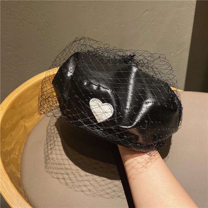 

202009-YY fashion FAUX LEATHER mesh star Heart-shaped embroidery lady beret hat women Leisure painter hat, Black