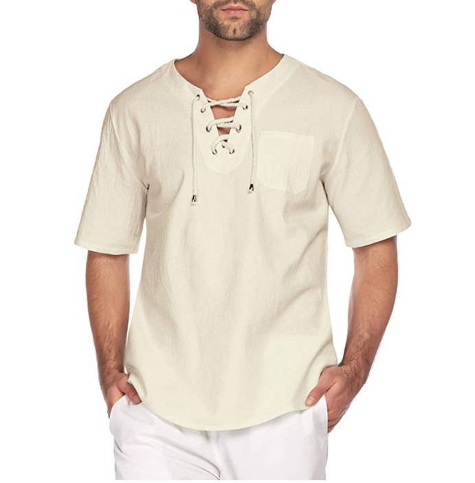 

2020 New Men' Short-Sleeved T-shirt Cotton and Linen Lace-up Casual Fashion T-shirt Beige