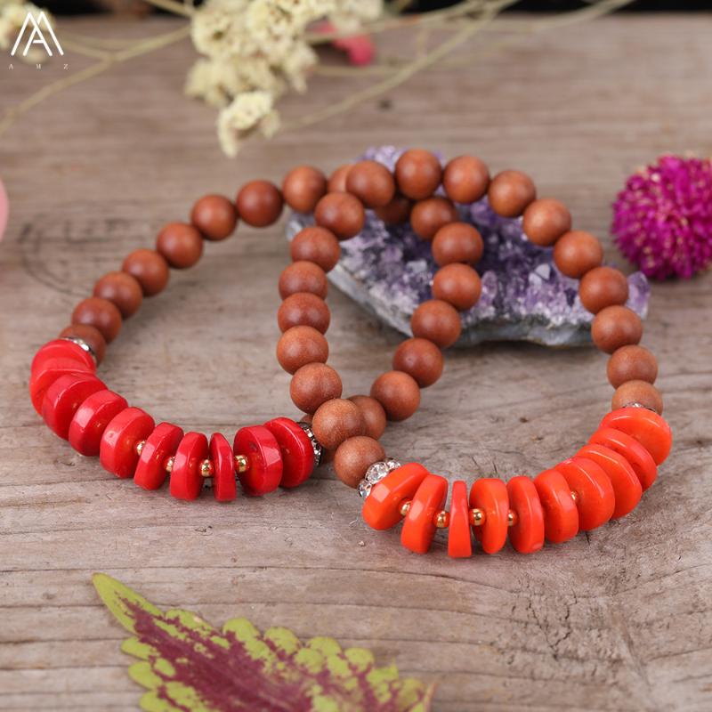 

Natural Orange Red Coral Heishi Slab Beads 8mm Fragrant Wood Sandalwood Prayer Beads Elastic String Bracelet Meditation Jewelry