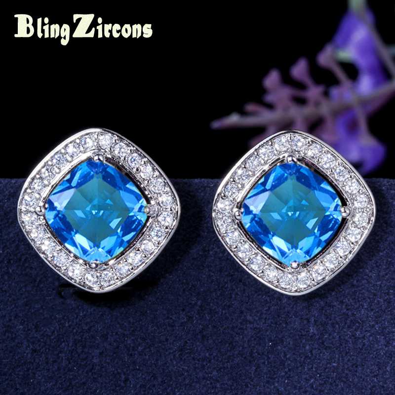 

BeaQueen New Fashion Large Light Blue Square Austria Crystal Stud Earrings CZ Zirconia Women Jewelry for Party Gift E121