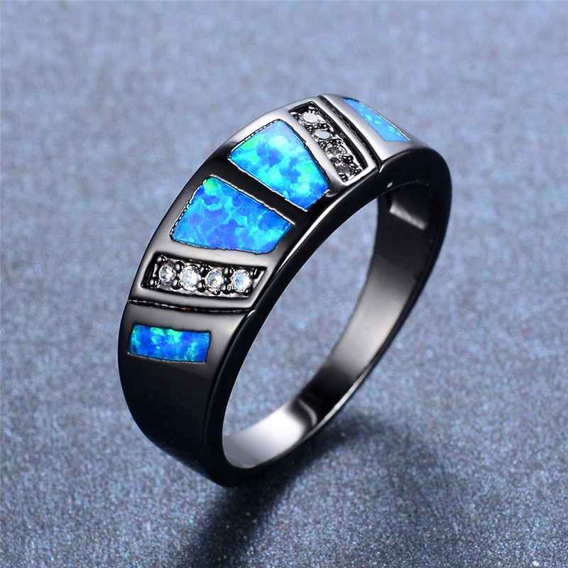 

Cute Female Blue White Fire Opal Ring Fashion 14KT Black Gold Wedding Rings For Women Promise Love Engagement Ring