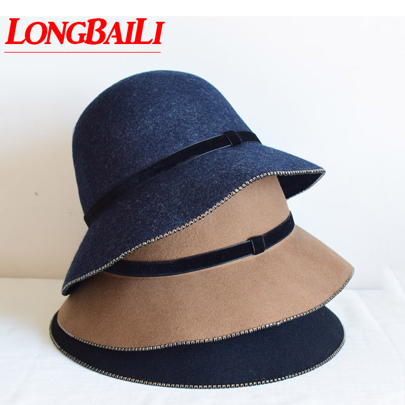 

LongBaiLi Winter Casual Women Wide Brim Wool Felt Hat Chapeu Fedoras PWSV039, Black