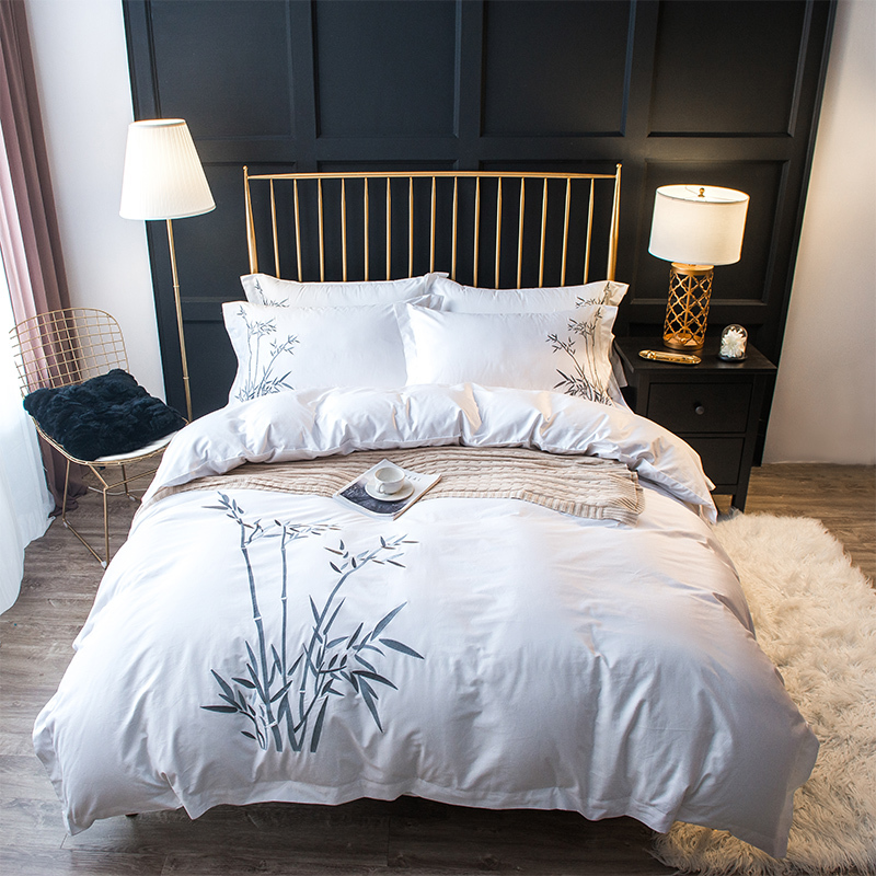 

Gray White Duvet Cover Set Bamboo Leaves Embroidered on Egyptian Cotton Bedding set Bed Sheet Pillow shams Queen King size 4Pcs, Color 1