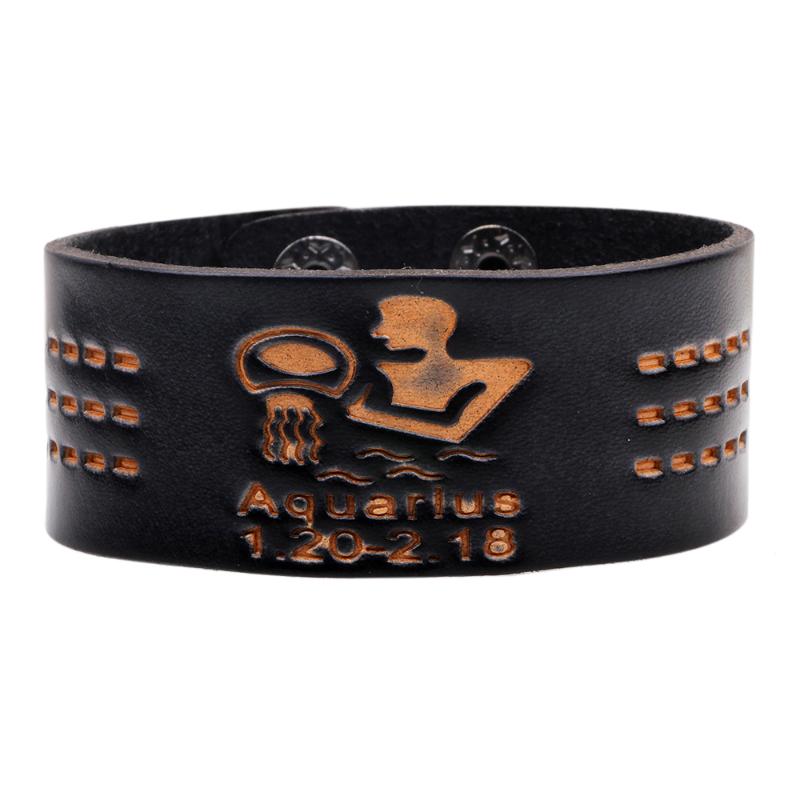 

30mm Wide Constellation Black Leather Bracelet For Man Charming Printing Metal Women Bracelets Bangles Adjustable Buttons Jewelr, Golden;silver