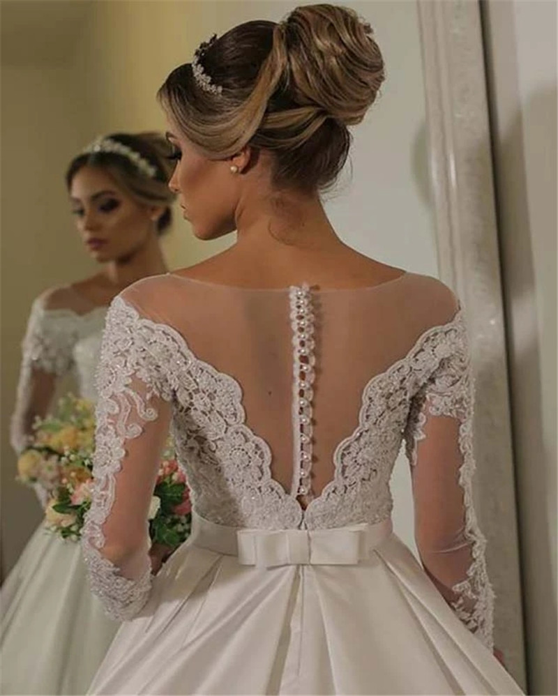 

Lover Kiss Vestido De Noiva Ball Gown Satin Wedding Dresses Long Sleeve Lace Appliques Pearls 2020 Bridal Gowns Robe de Mariage, Ivory