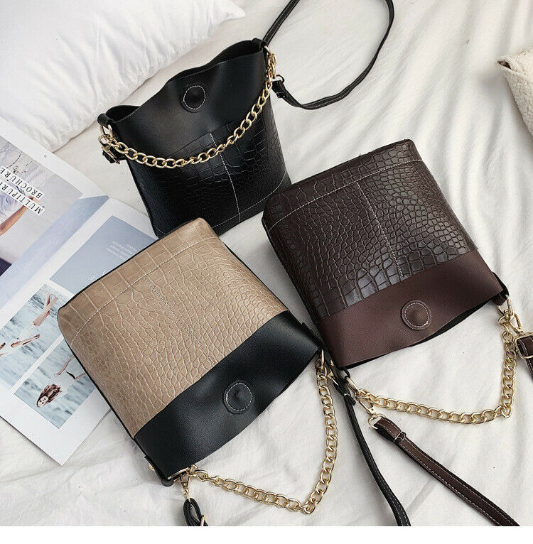 

OCARDIAN Bag Women Casual PU Leather Leisure bucket button bag Messenger Vintage Crocodile Pattern Handbags, Black