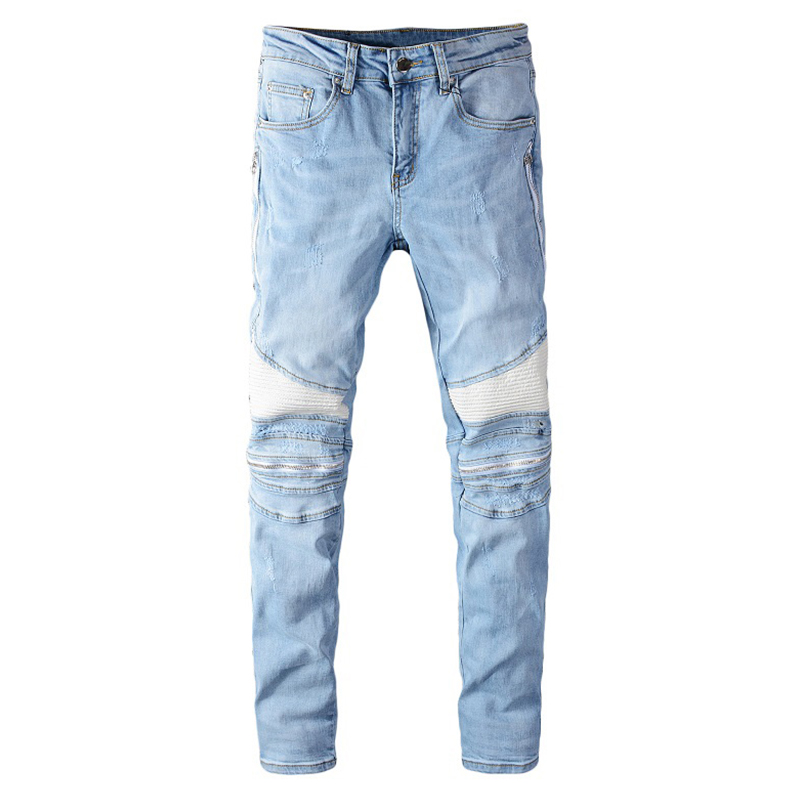 

MORUANCLE Men's light blue white PU leather patchwork biker jeans Fashion streetwear slim skinny stretch denim pants, Black