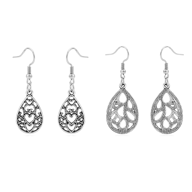 

1pair Antique Silver Color Hollow Water Drop Tears Charms Pendant Earrings Ethnic Hippy Boho Dangle Statement Earring