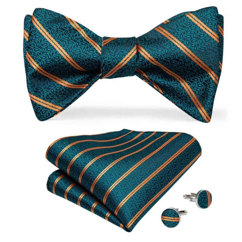 

Men Silk Bowtie Green Gold Striped Designer Necktie For Men Wedding Party Adjustable Bow Tie Hanky Cufflink Set DiBanGu LH-098