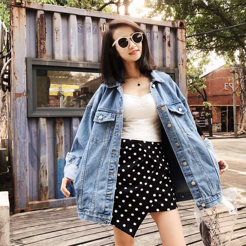 

Spring Female Washed Fashion Lapel Jeans Jacket women Long Sleeves Wild Coat Jacket Ladies Loose Large size Denim LR166, Blue