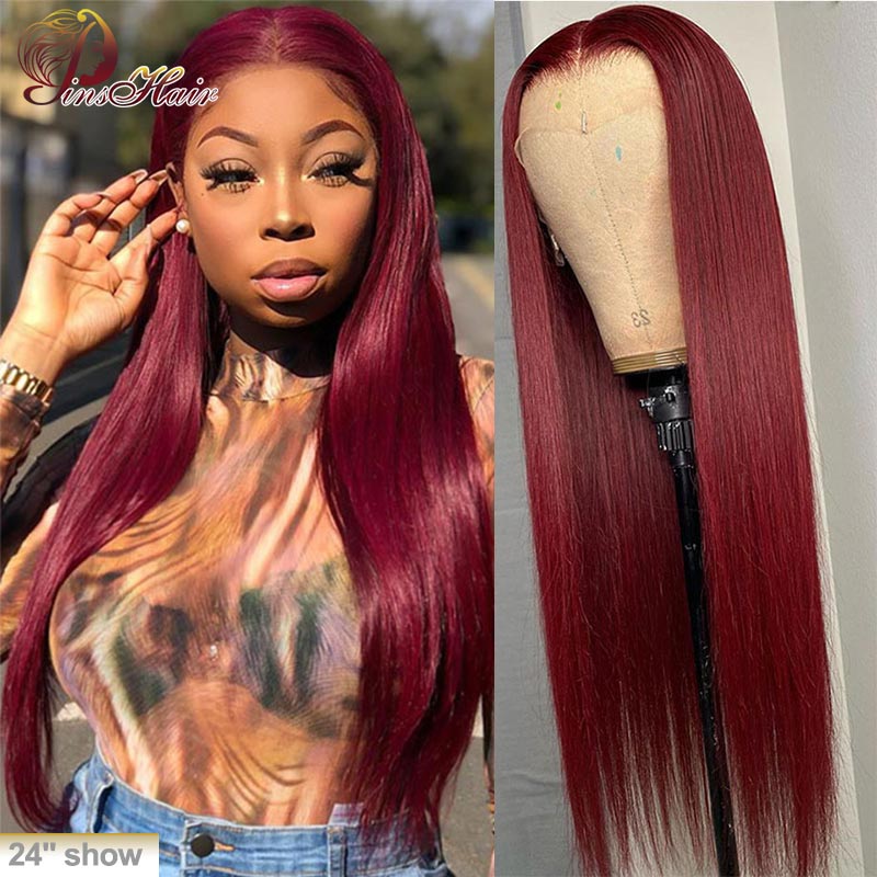 

99J Burgundy Lace Front Wig 13X1 Straight Lace Front Human Hair Wigs Peruvian Red Remy Hair Wig Pinshair 180 Density, As pic