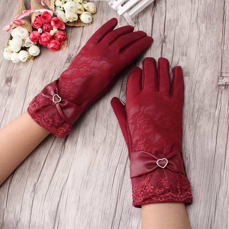 

Five Fingers Gloves Autumn Winter Women Lace Screen Full Finger Girls Fashion Warm Bow Wrist Glove Female Anti-slip Mittens Mitaine Luvas