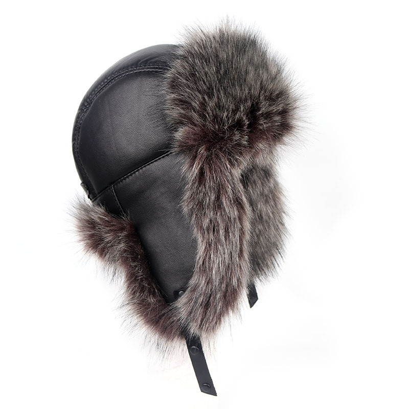 

PU Skin Leather Men's Bomber Hats With Ear Flap Russian Winter Faux Fur Earmuffs Caps, Brown