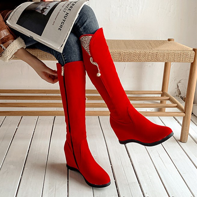 

PXELENA Elegant Shoes Hidden Wedge Heels Knee High Boots Women Bling Bling Pearl Faux Suede Zip Wedding Party Dress Long Boots, Red