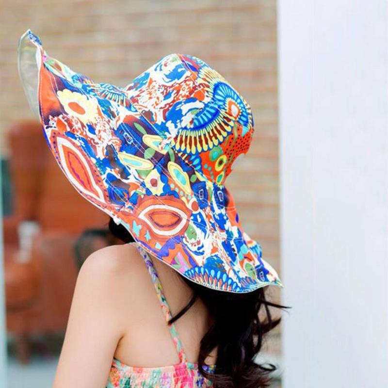 

Sun Hats For Women Floppy Foldable Wide Brim Printed Fabric Cap Chapeau Ladies Fashion Two-Side Sunscreen Beach Hats, Blue