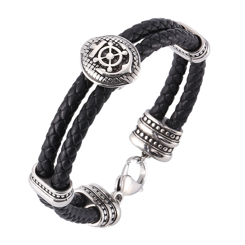 

Personality Rudder Shield Stainless Steel Black Braided Double Layer Leather Bracelets Fashion Wrist Band Gift SP0177