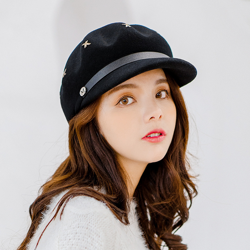 

Girls Fashion Painter Hats Students Wool Hats Winter Personality Rivet Decorated Wool Octagonal Hat Beret Retro Hat, Black