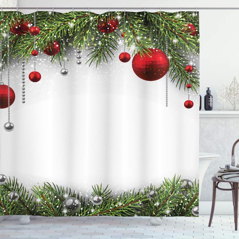 

Christmas Shower Curtain, Holiday Season Backdrop with Pine Leaves Ball Classic Design Print, Cloth Fabric Bathroom Decor Set