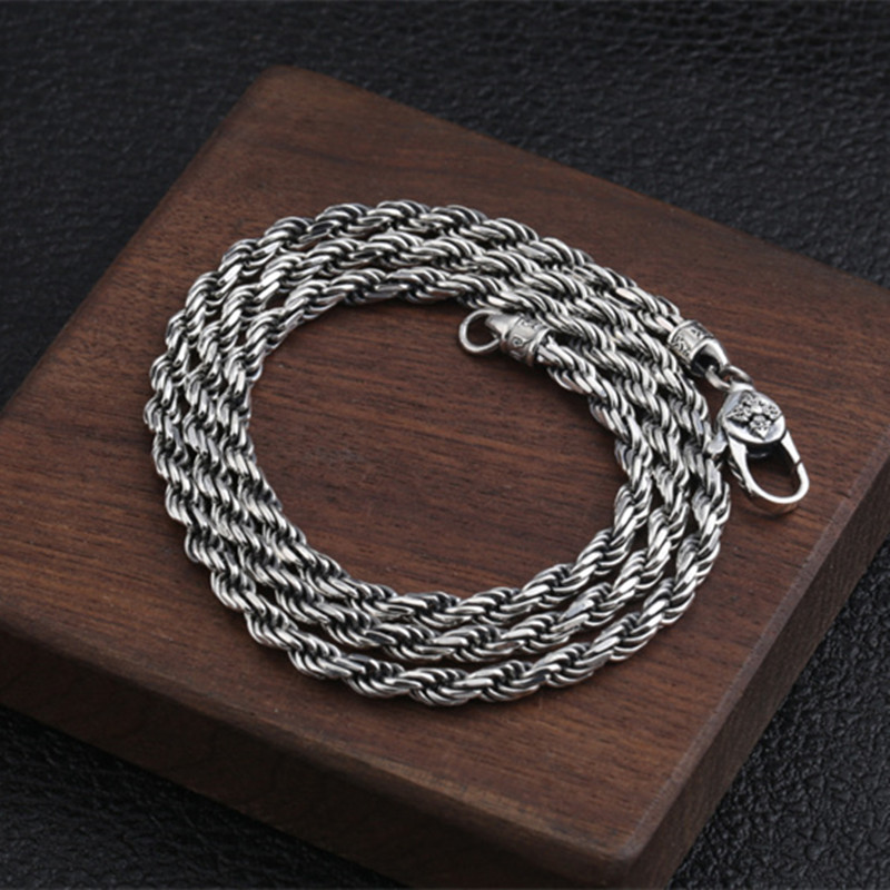 

65cm 925 Sterling Silver Jewelry Necklace 3MM Chain Men&Women Gift Thai Silver Mantra Charms Long Choker Statement Necklace