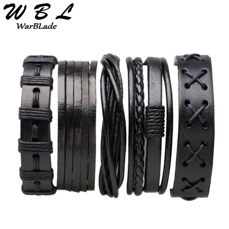 

WBL New Black Leather Bracelet Men Multilayer Braid Wrap Bracelets 3-6PCs/set Bangles Punk Wristband for Women Men Jewelry