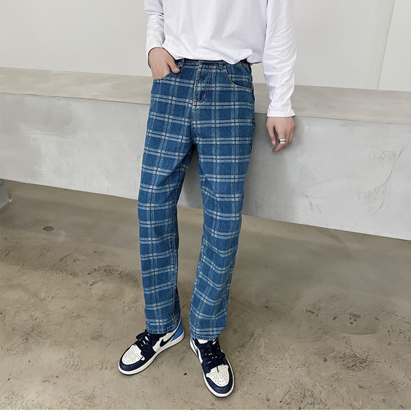 

2020 Autumn New Jeans Men Fashion Blue Straight Plaid Pants Vintage Classical Washed Elastic Waist Cotton Checkered Trousers, 2078