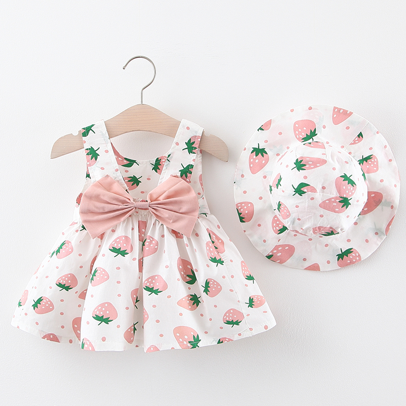

Summer Baby Girl Dress Strawberry Print Bow Dress With Hat 2pcs Clothes Set Casual Infant Toddler Children Outfits, Sent at random