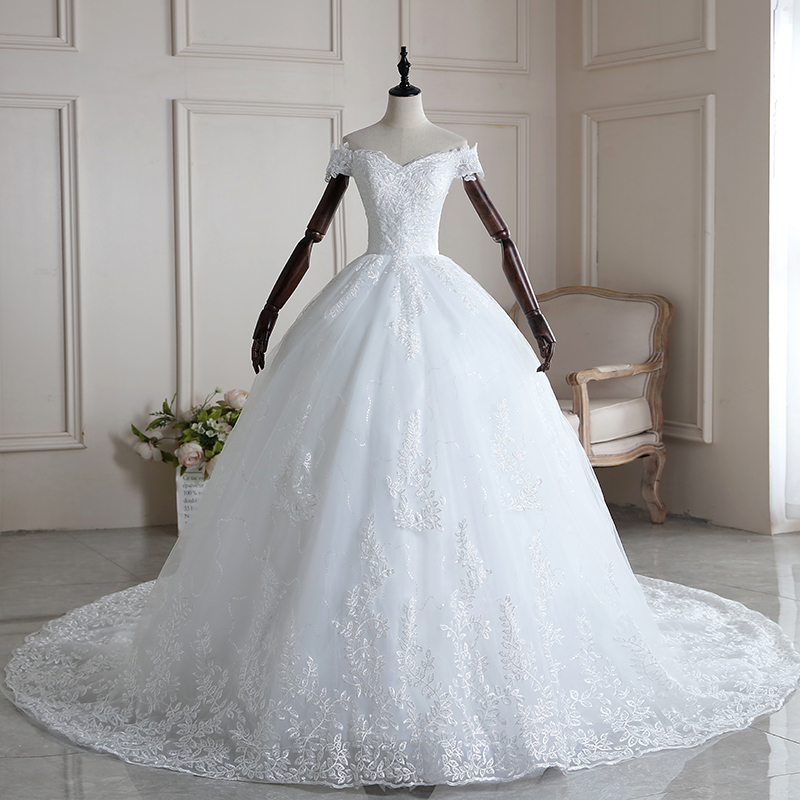 

2020 New Luxury Lace Embroidery Wedding Dresses 100cm Long Train Sweetheart Elegant Plus Size Vestido De Noiva Bride Dress, Off white floor